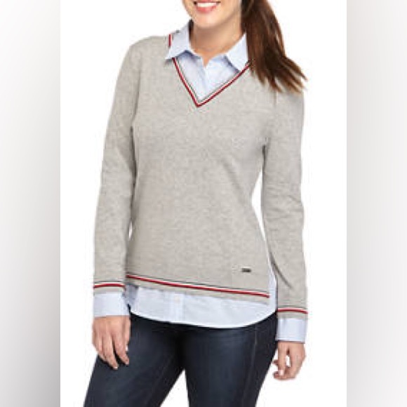 Tommy Hilfiger Collared Long-Sleeve Layered Sweater Top - Light Blue/Grey - L - Picture 1 of 7